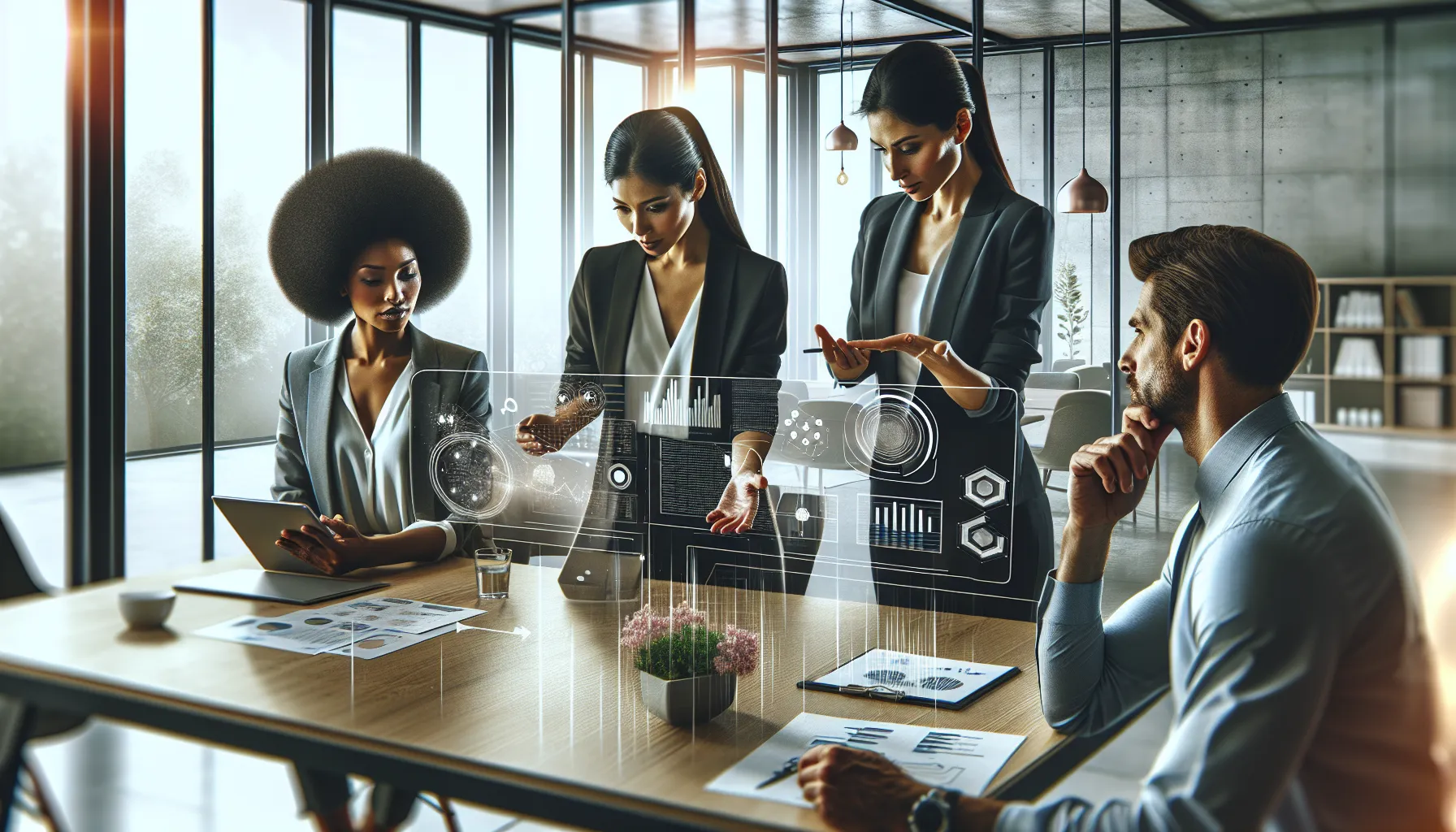 diverse professionals collaborating in a modern office setting.