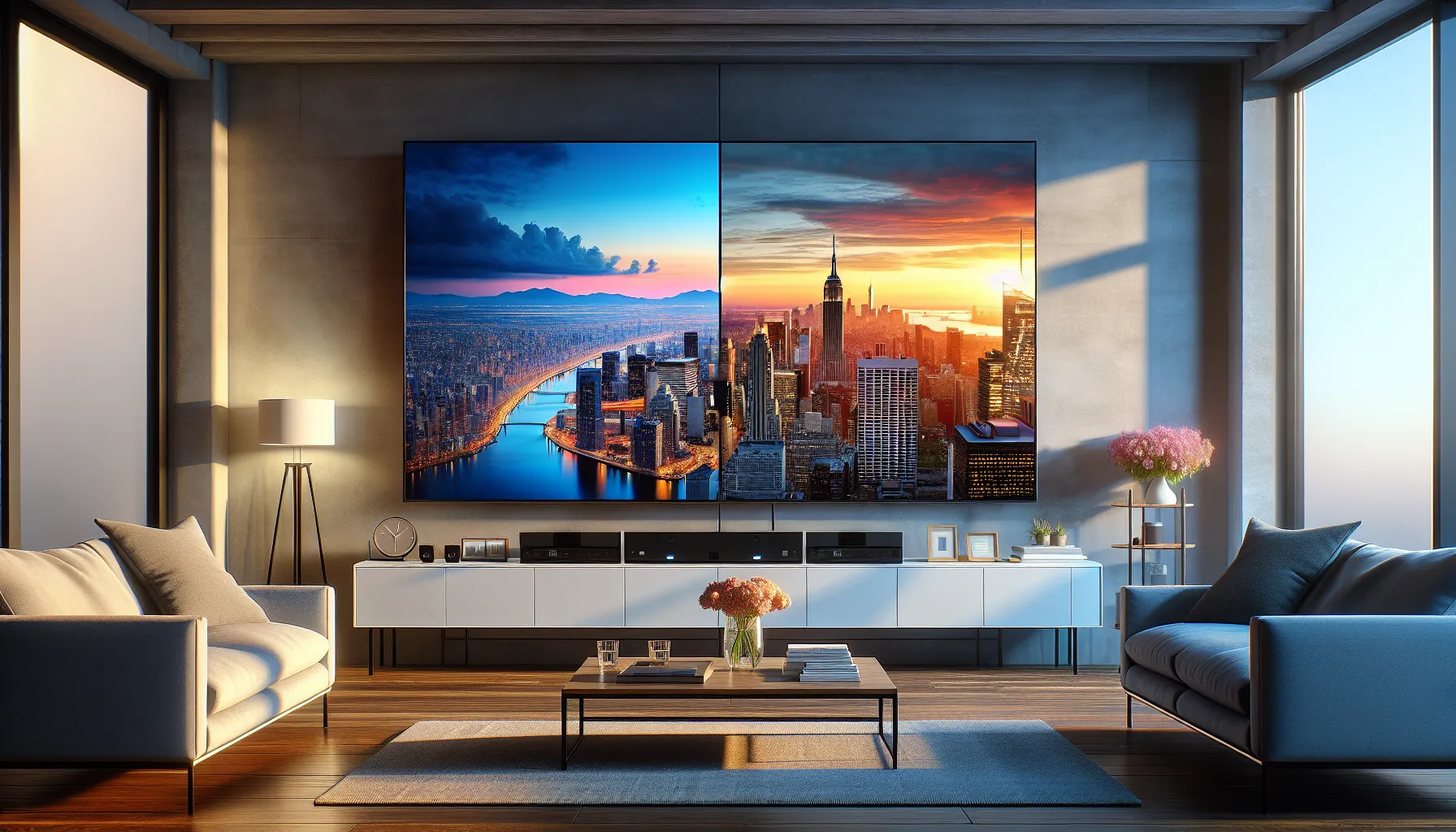 Two TVs showcasing 1080p and 4K resolution differences in a modern living room.