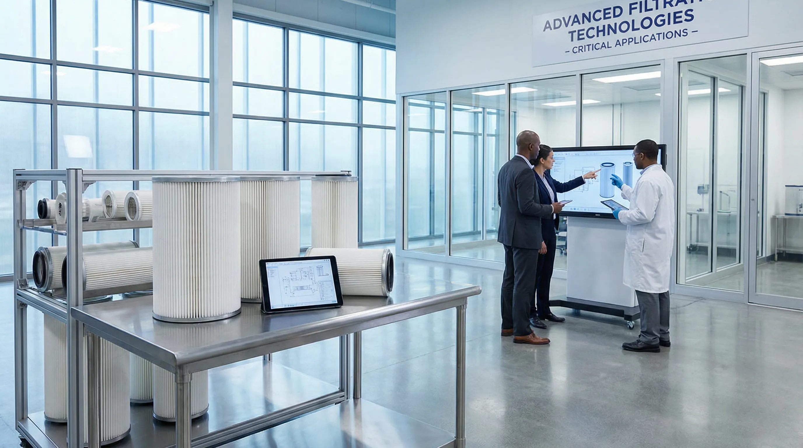 Engineers examine pleated filters in a modern, clean manufacturing facility.