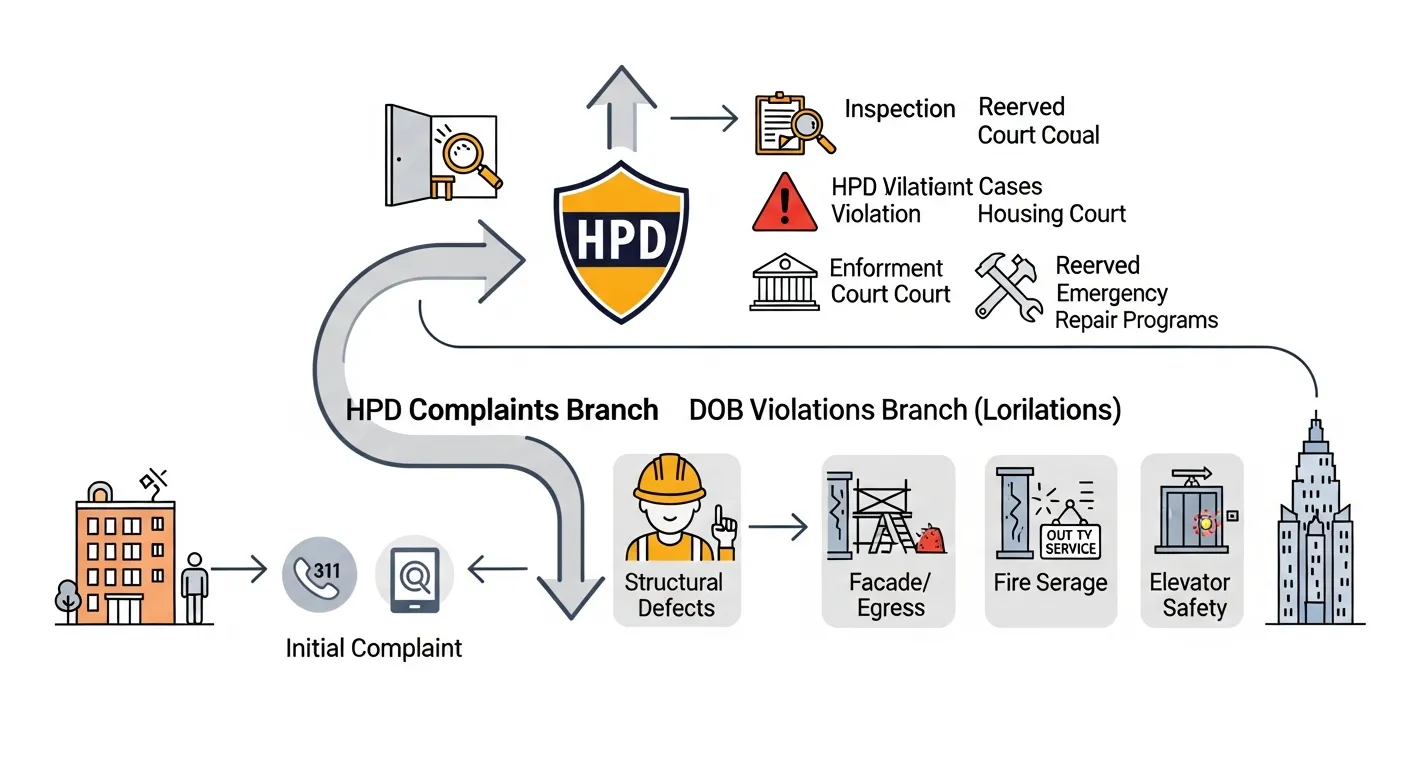 Infographic showing how NYC housing complaints become HPD or DOB violations.