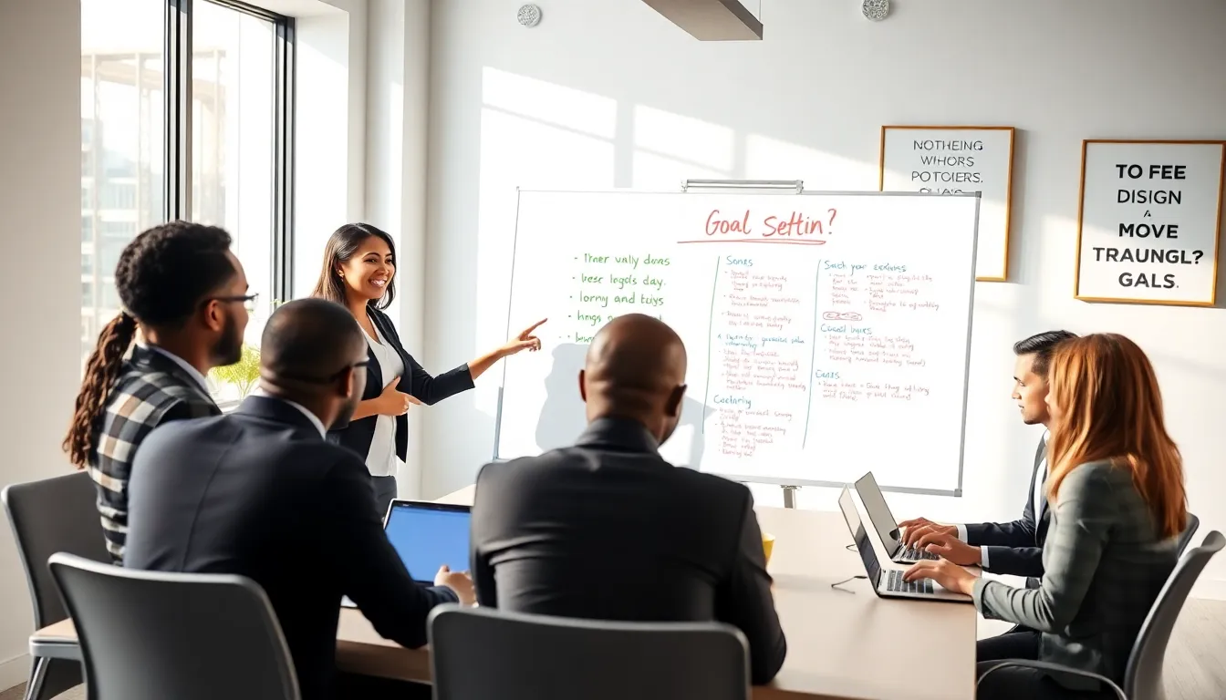 diverse team collaborating on a goal-setting template in a modern office.