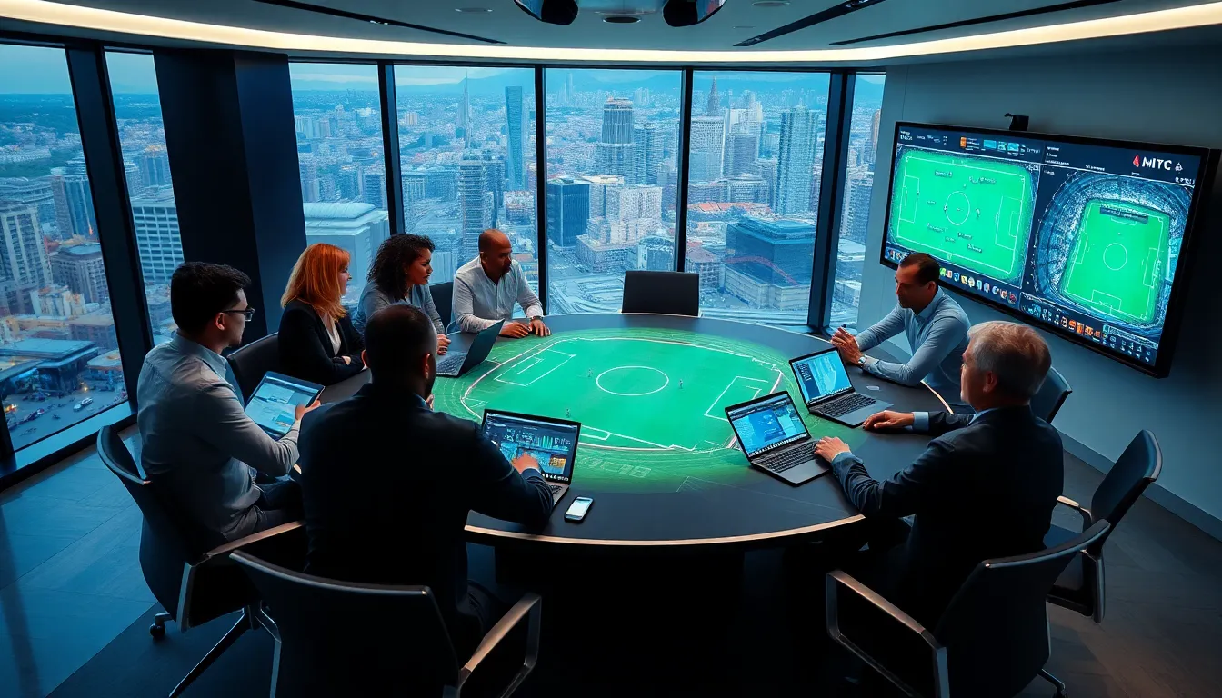 diverse football analysts discussing data analytics in a modern conference room.