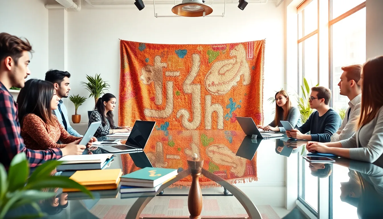 professionals collaborating around a colorful tapestry in a modern office.