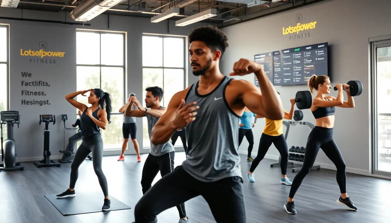 diverse individuals working out in a modern fitness studio.