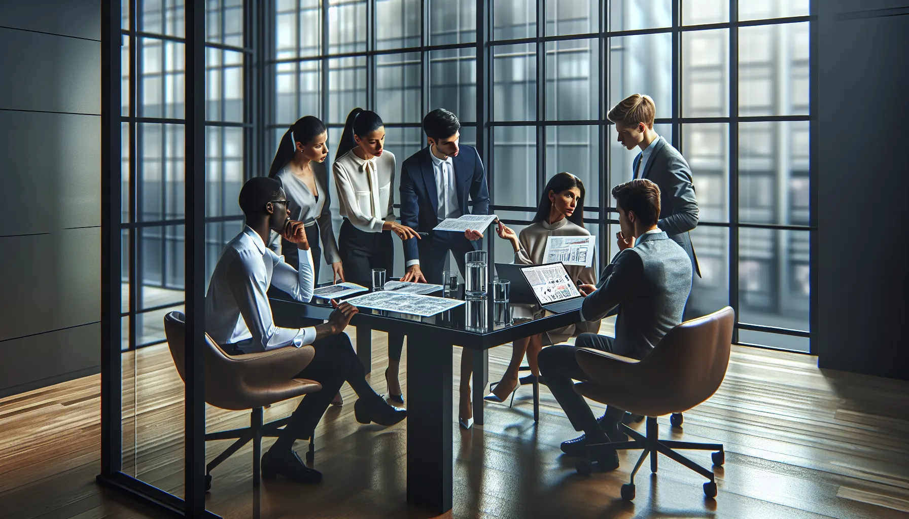 diverse team discussing code-related challenges in a modern office.