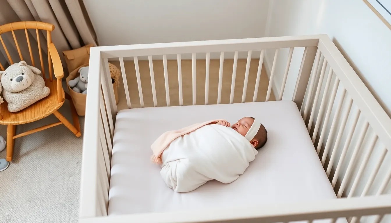 peacefully sleeping baby swaddled in a modern nursery.
