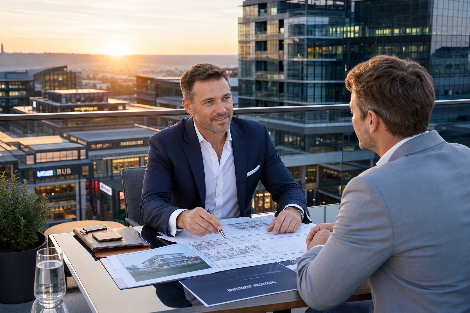 Commercial mortgage advisor meeting a property investor on a rooftop overlooking modern office and retail buildings at golden hour.