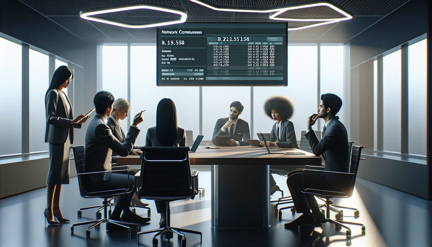 IT professionals discussing IP addresses in a modern office.