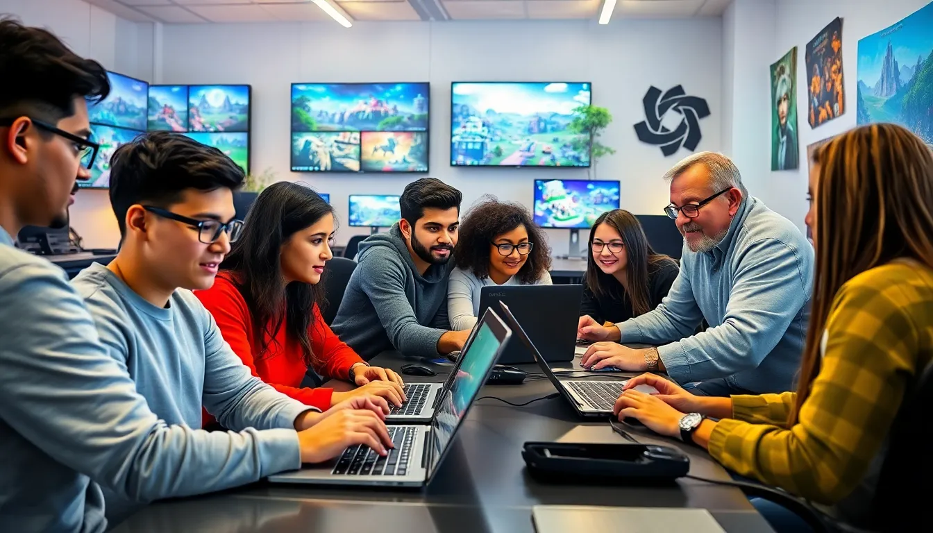 diverse group collaborating on game development in a modern office.