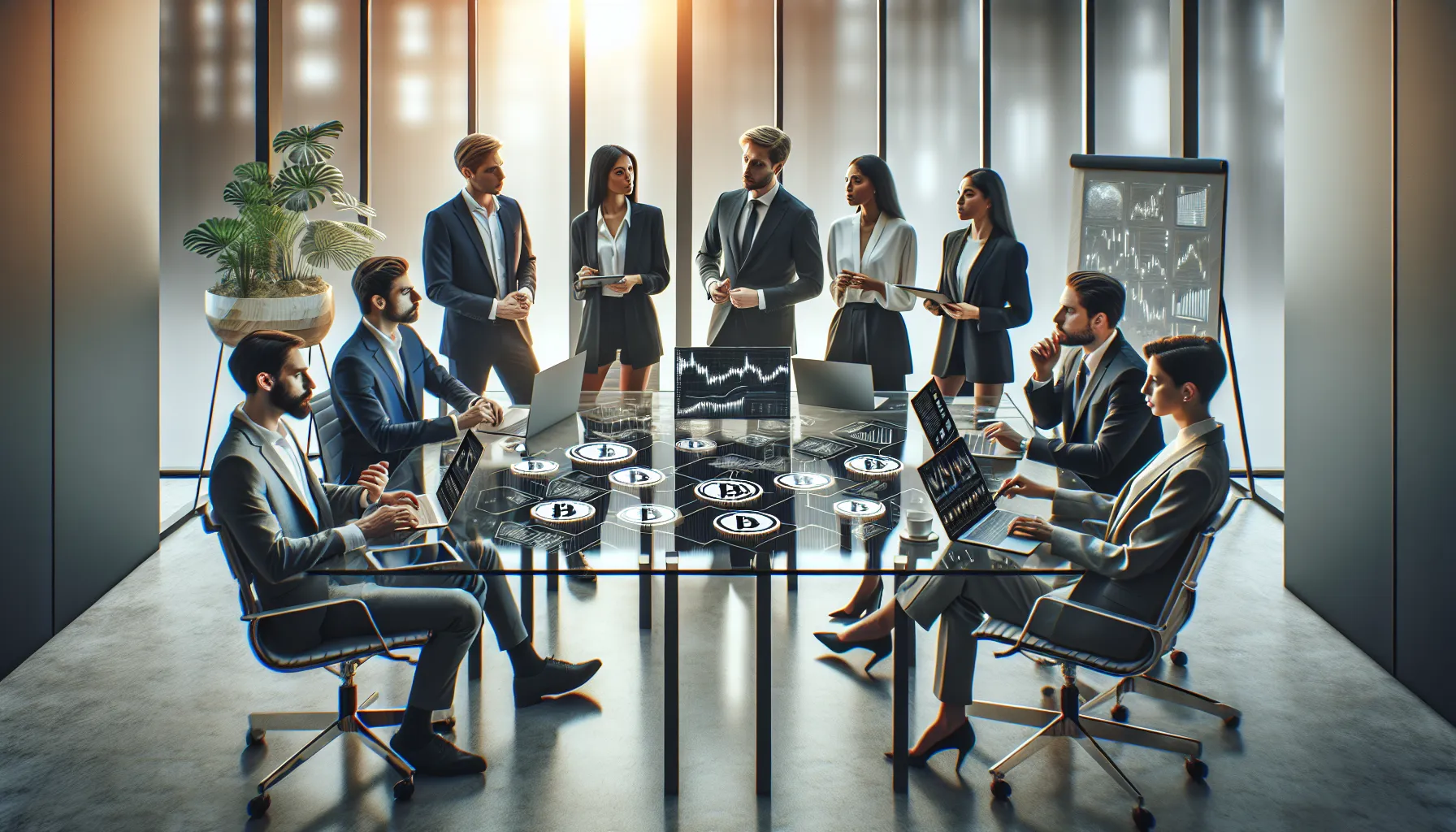 diverse team discussing cryptocurrency in a modern office.