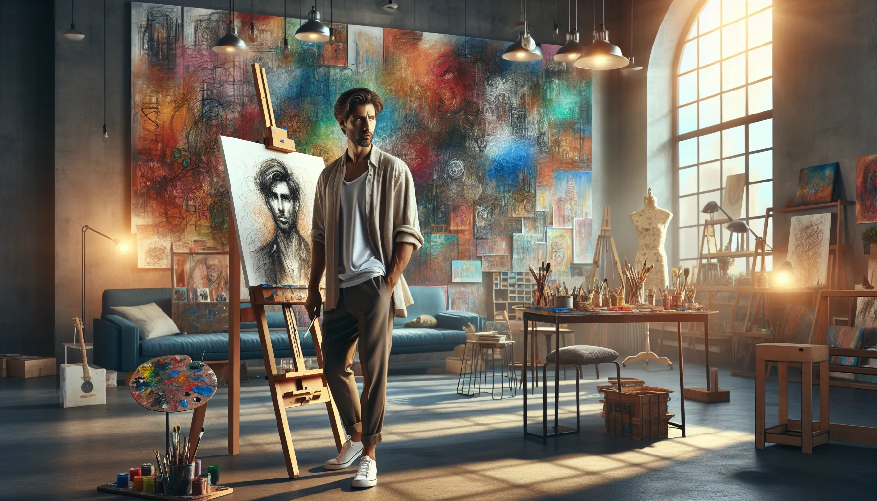 artist in a vibrant studio filled with abstract artworks.