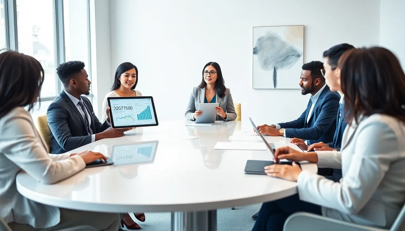 diverse professionals discussing performance metrics in a modern meeting room.