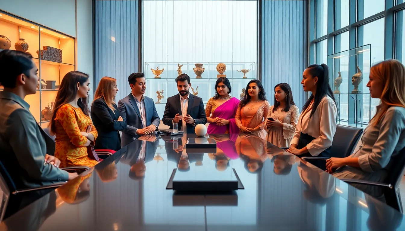 diverse professionals discussing fetish culture in a modern office.