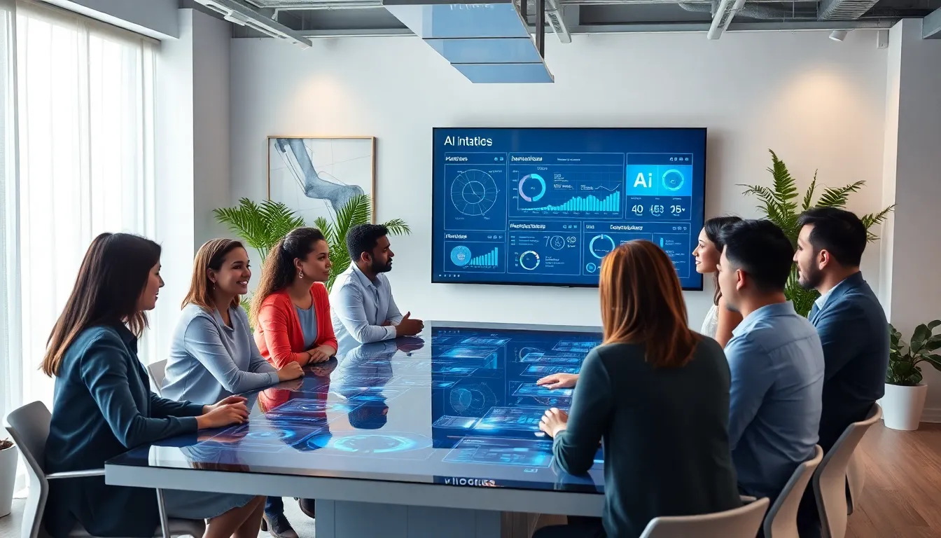 diverse team discussing AI integration in a modern office.