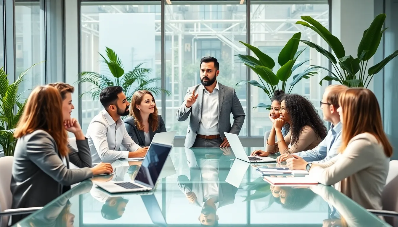 diverse team collaborating in a modern conference room.