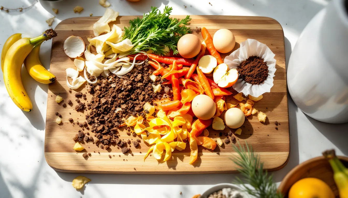 Kitchen scraps and dried leaves on a countertop beside a compost bin.