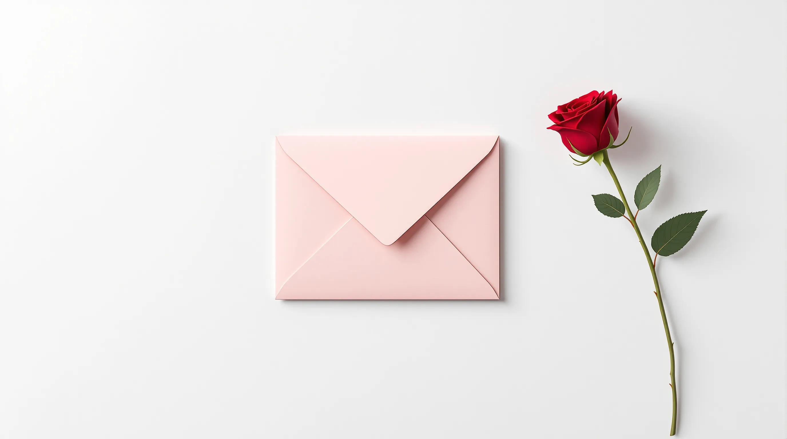 A pink envelope with a simple red rose on white background.