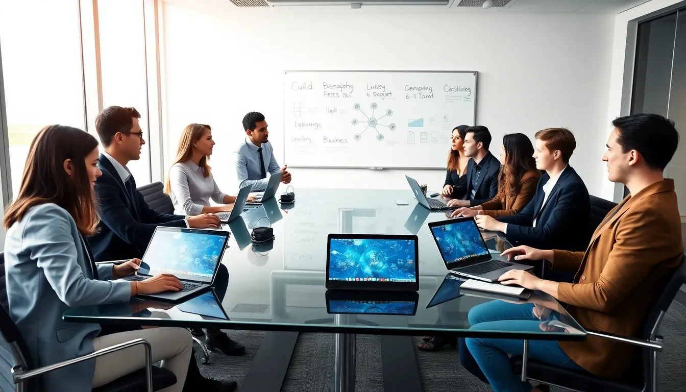 diverse team collaborating in a modern office on blockchain solutions.