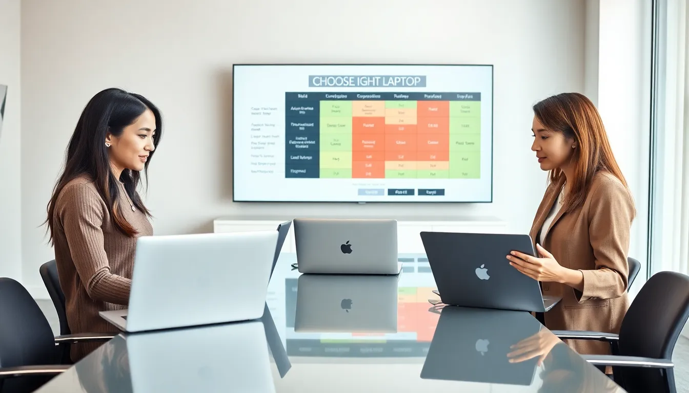 professionals discussing laptop options in a modern office setting.