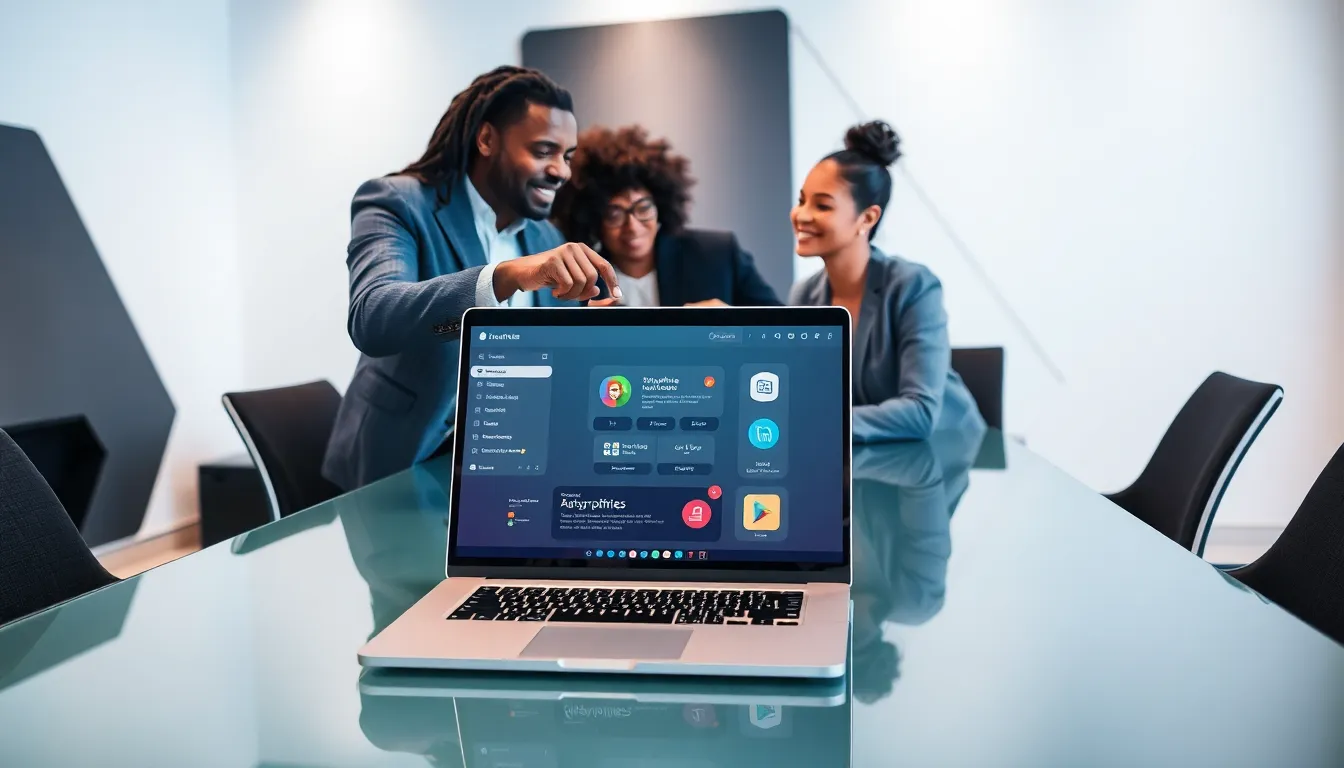 professionals collaborating over Applewhite Bitclassic technology in a modern office.