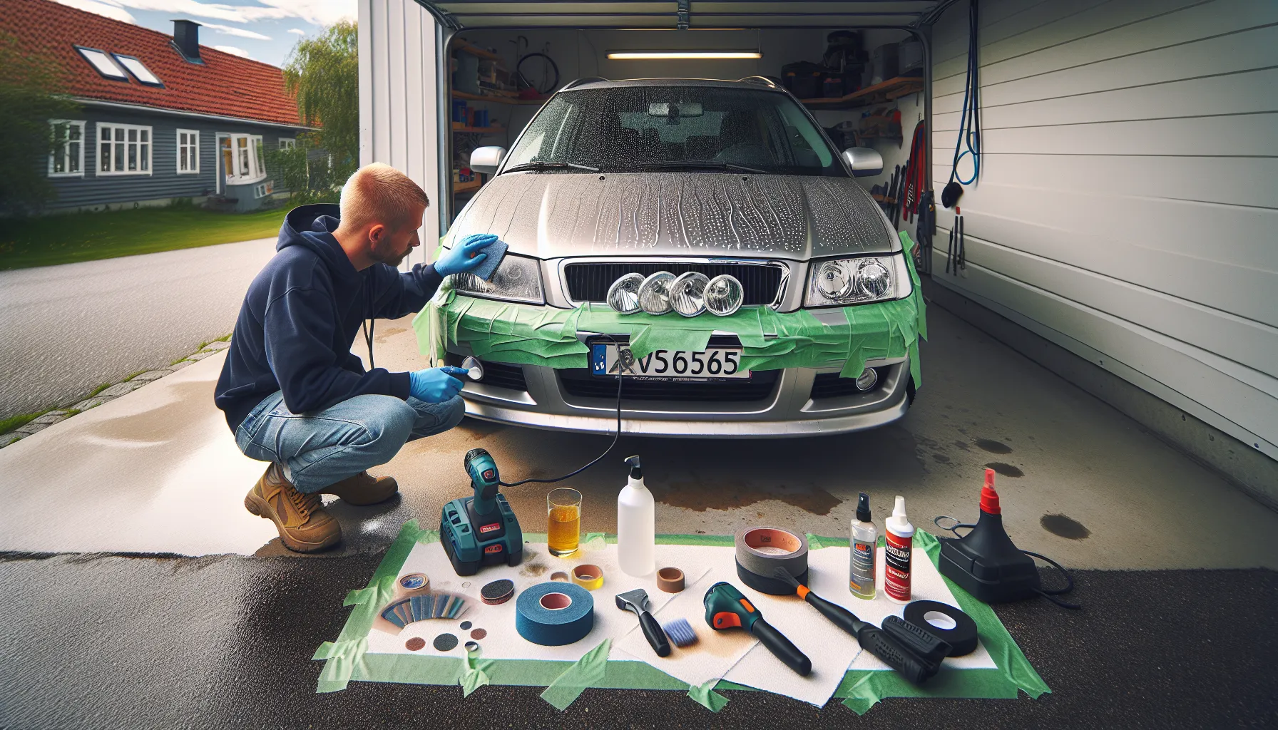 Hvordan rengjøre bilens lykter for bedre sikt 2 Norwegian car owner masking a headlight with tools laid out for cleaning.