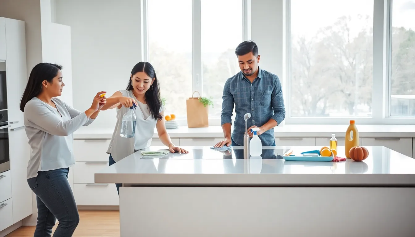 diverse team cleaning a modern kitchen with ammonia solutions.