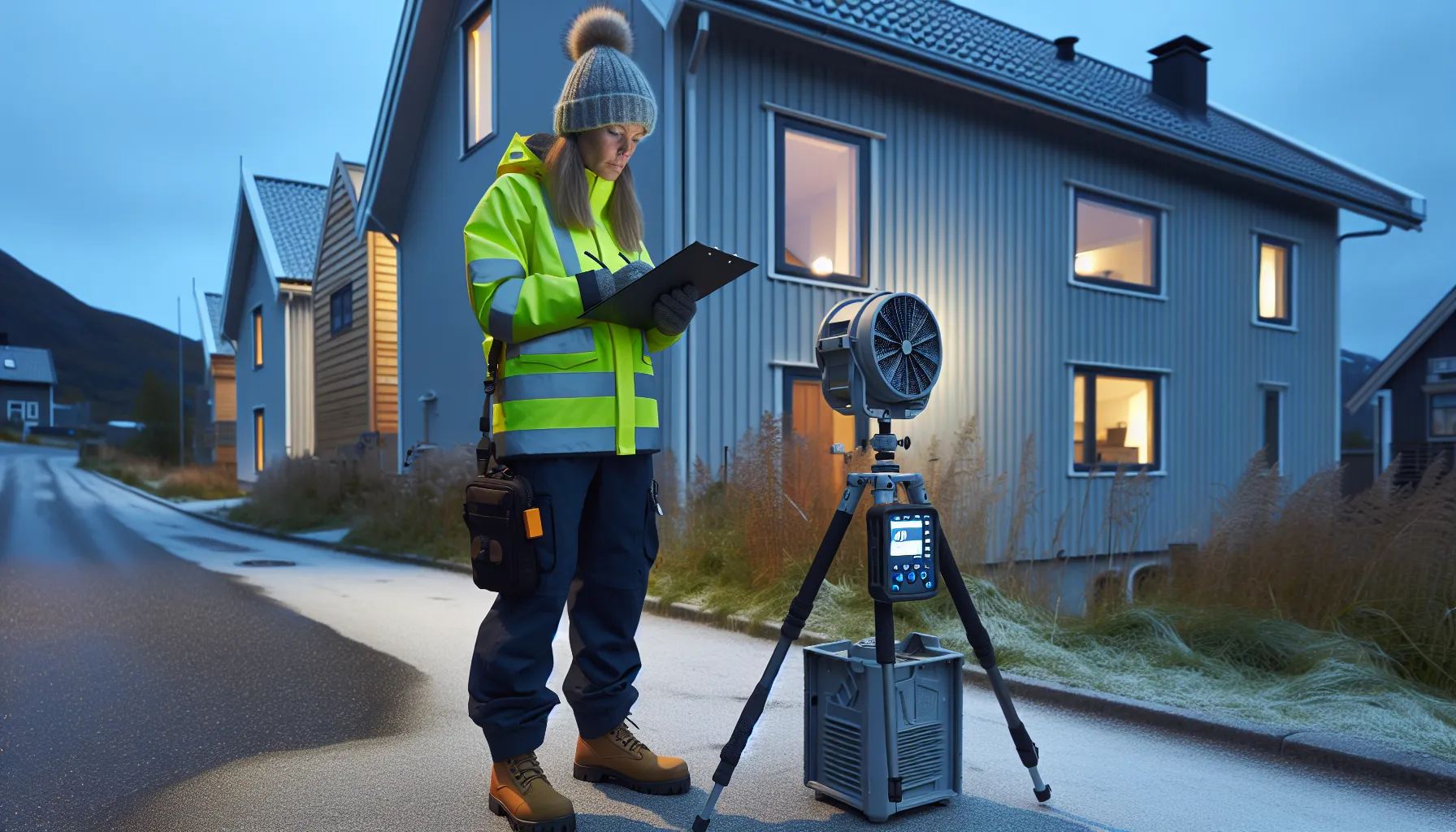 Municipal inspector measures heat pump noise in a quiet norwegian neighborhood at dusk.