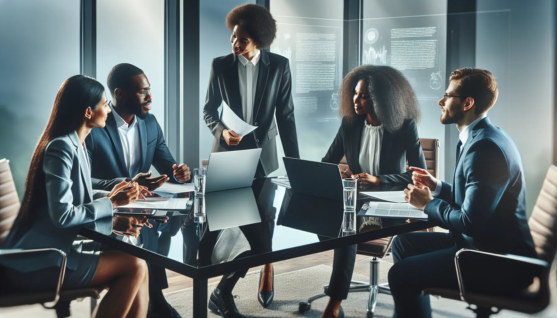 professionals discussing consumer protection laws in a modern office.