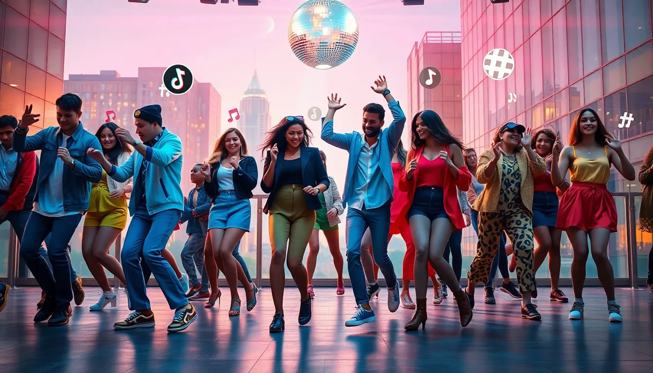 diverse group dancing joyfully in a modern urban setting.