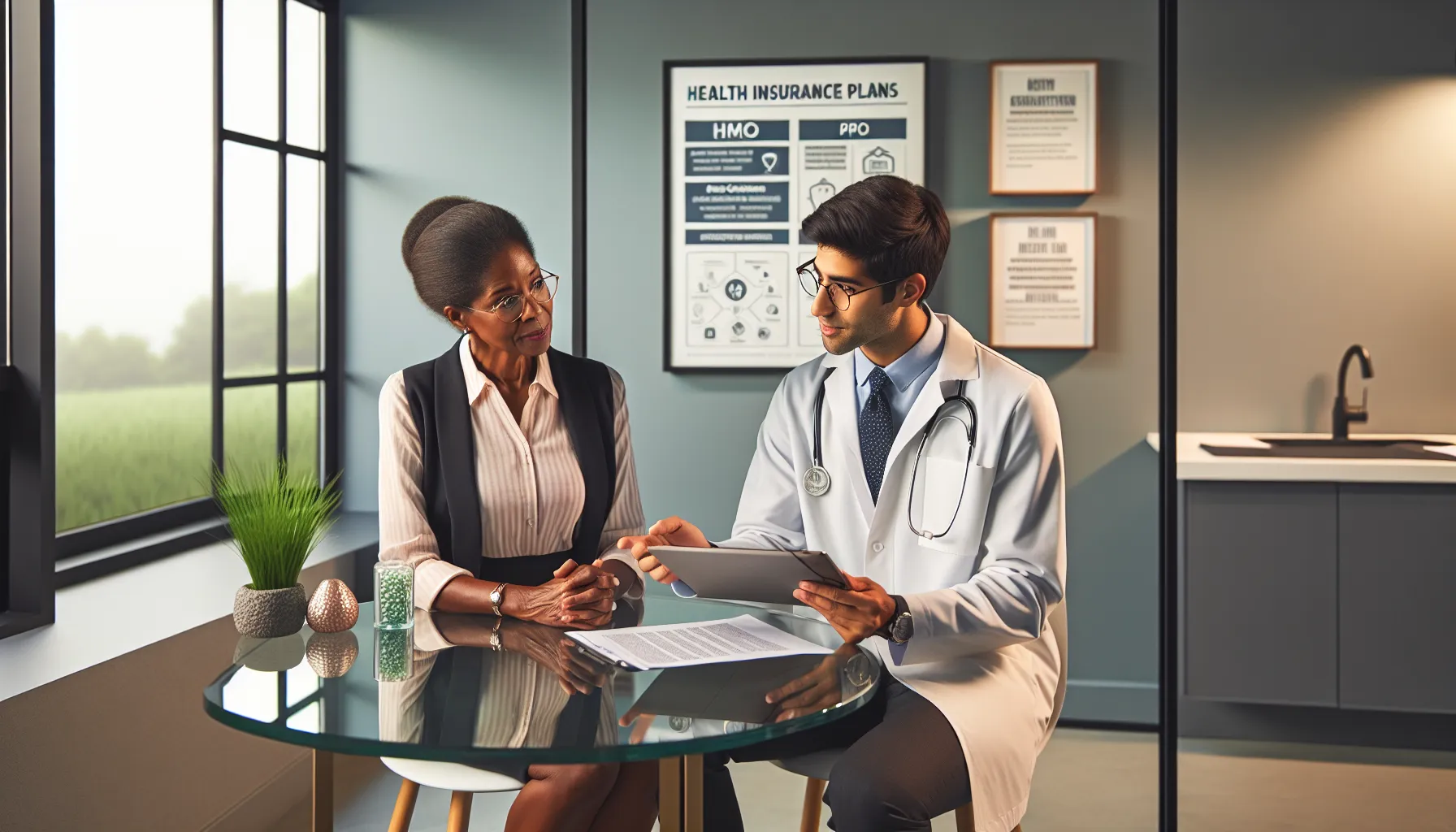 a healthcare professional explaining insurance options to a patient in a clinic.