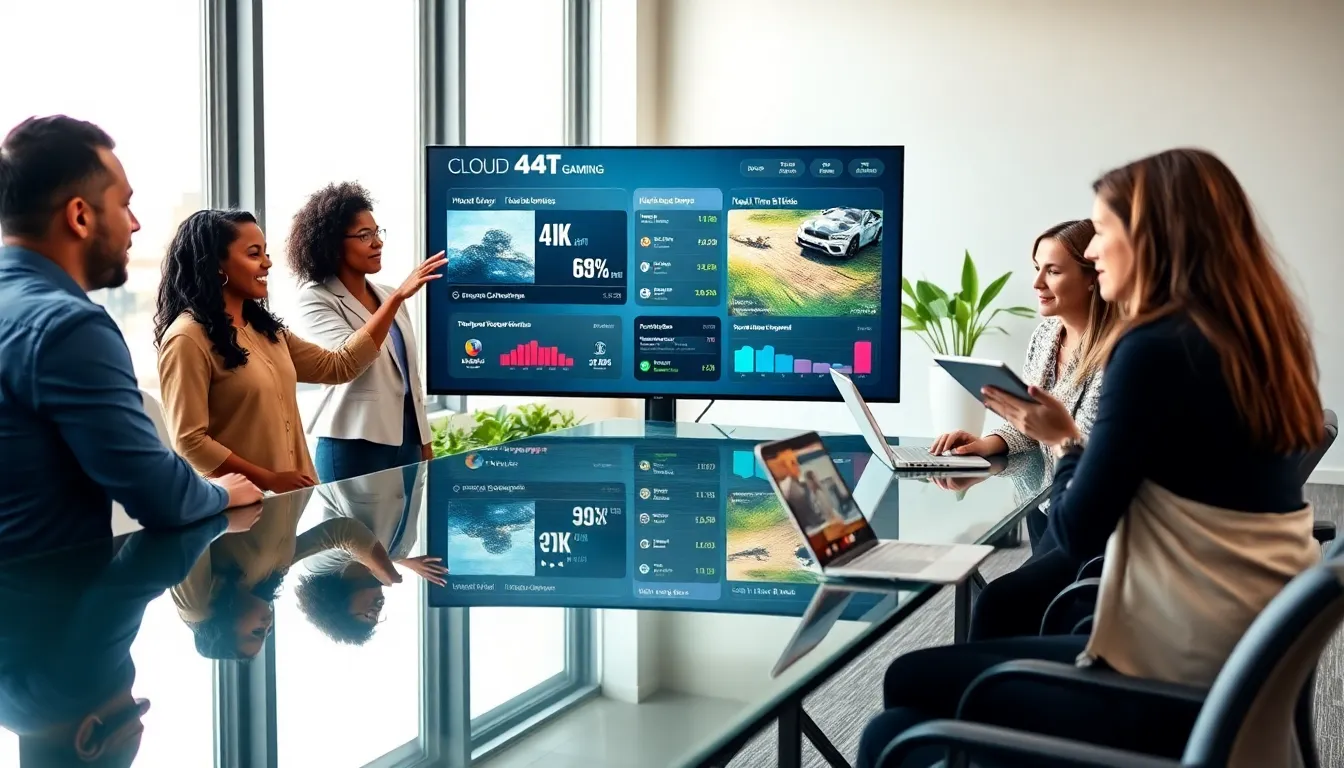 diverse team discussing cloud gaming technology in a modern office.