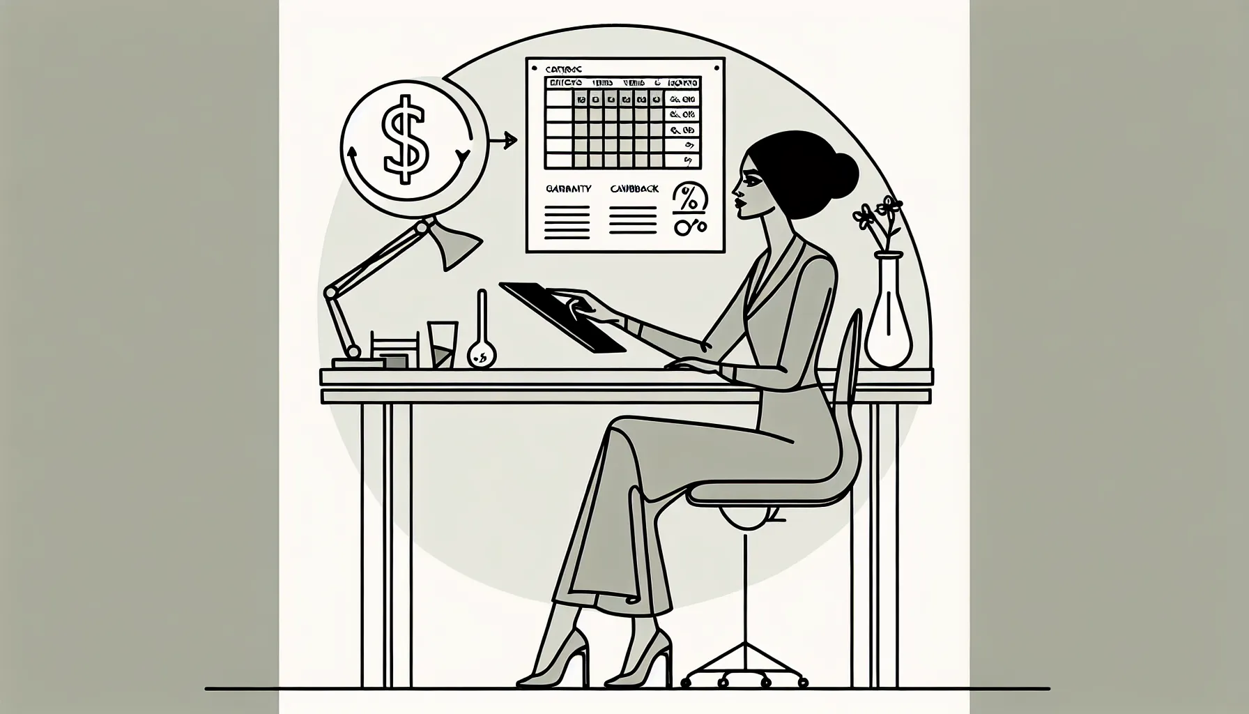 Dentist reviewing a pay contract with icons for percent, tiers, calendar, clawback