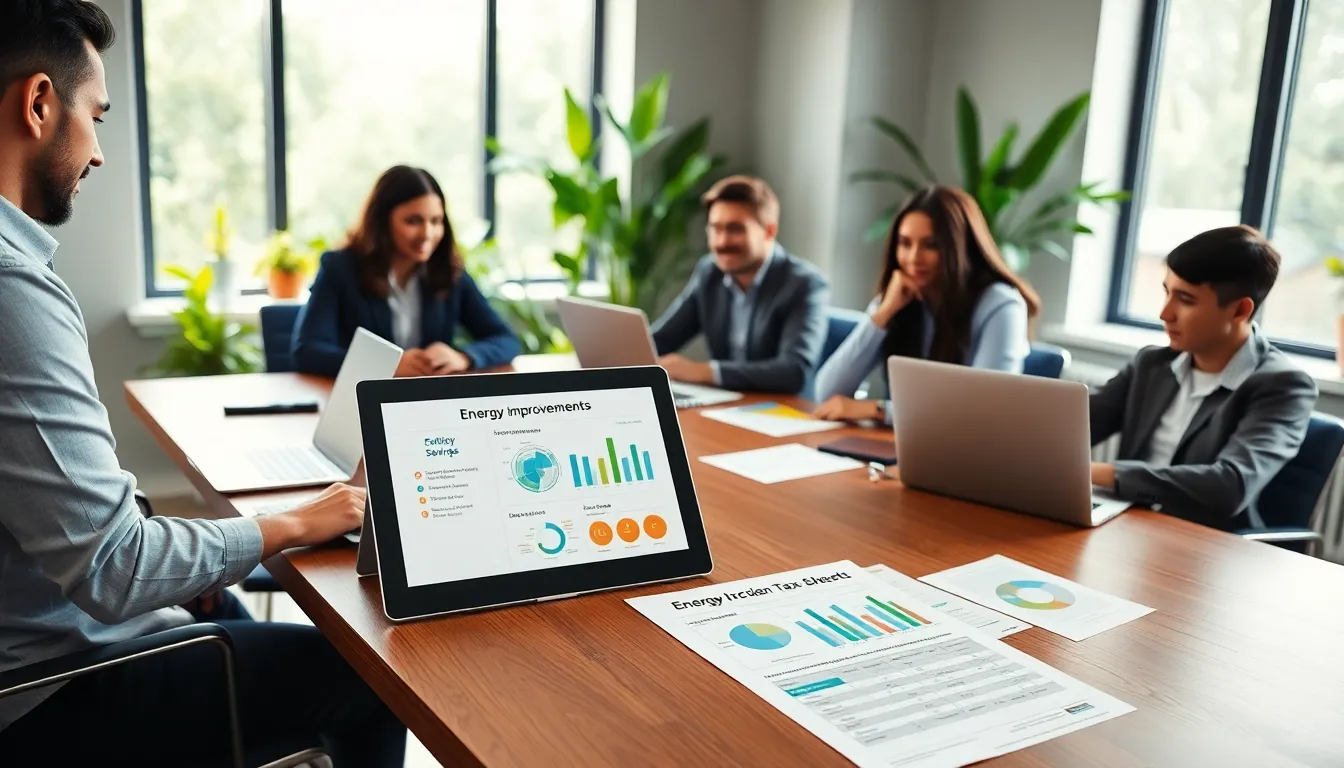 diverse professionals discussing energy efficient home improvements in a modern office.