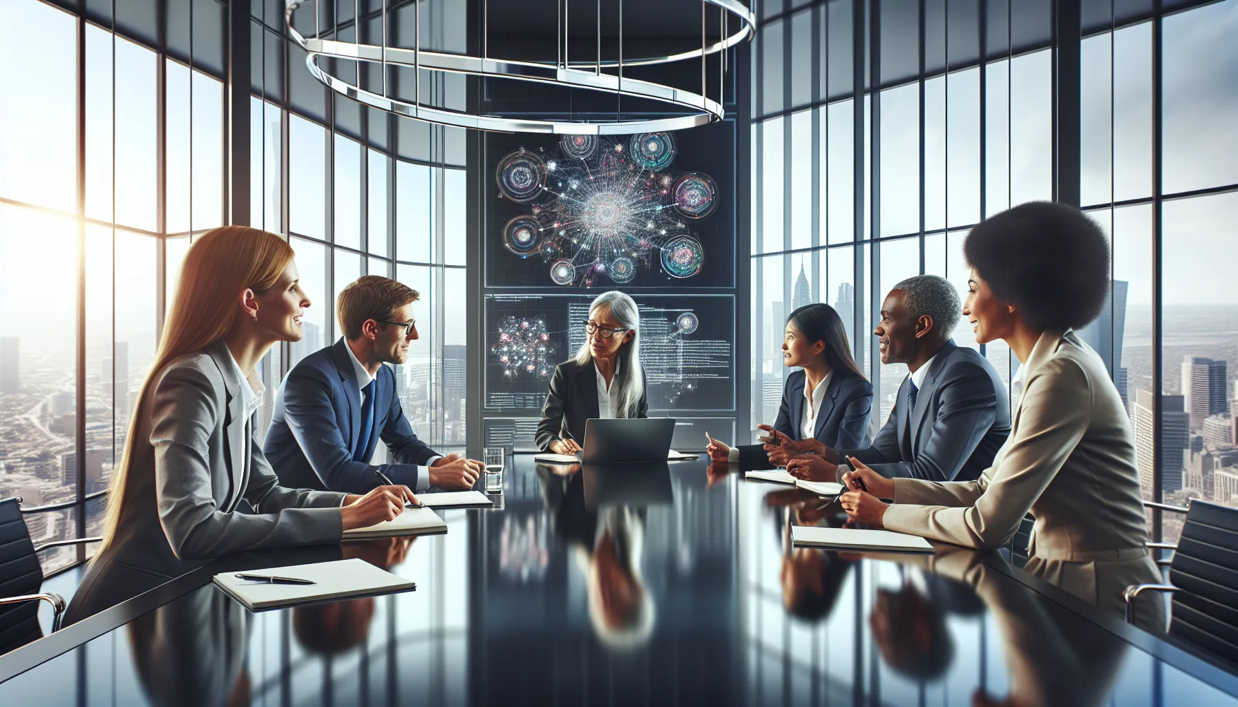 diverse scholars discussing ideas in a modern conference room.