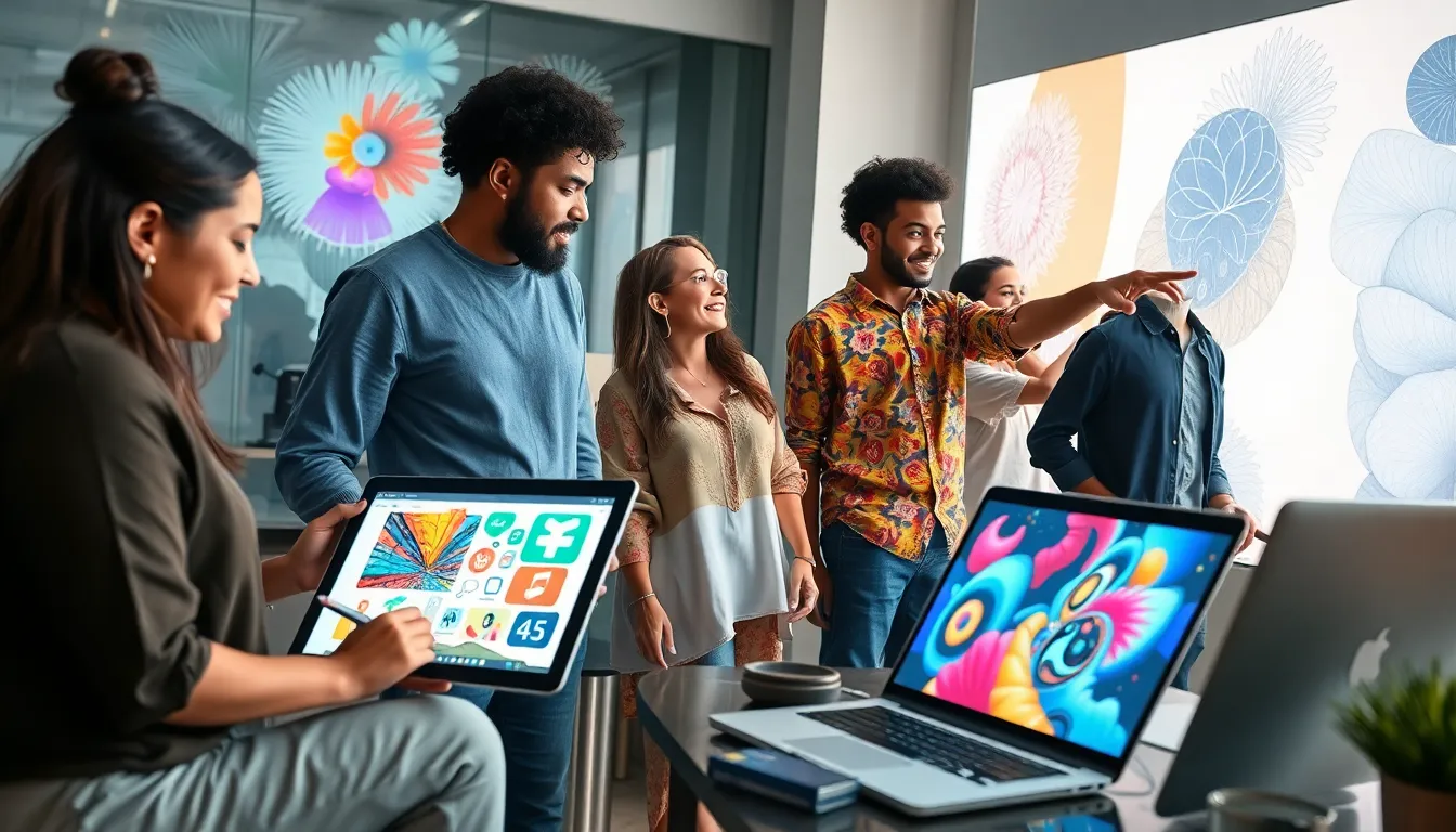 diverse digital artists collaborating in a vibrant modern workspace.
