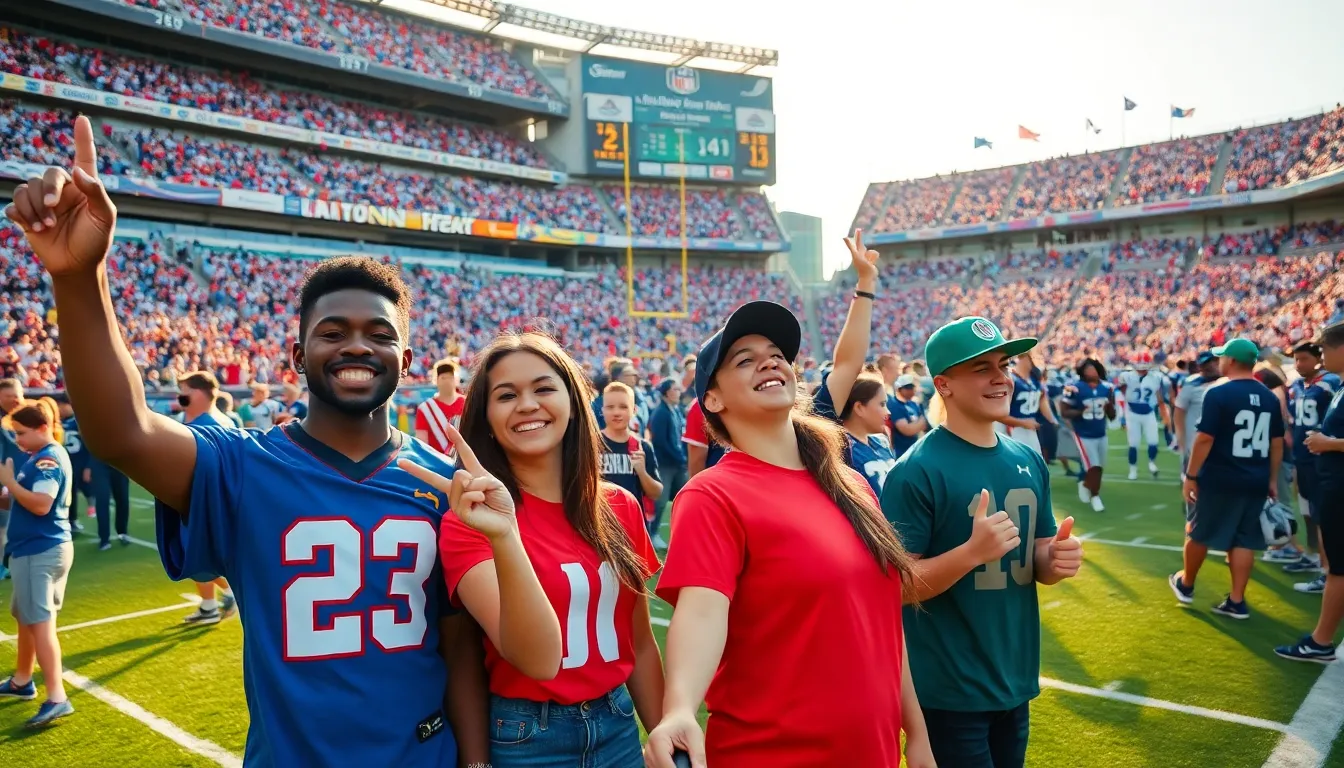 A diverse crowd cheering at an American football game in a vibrant stadium.