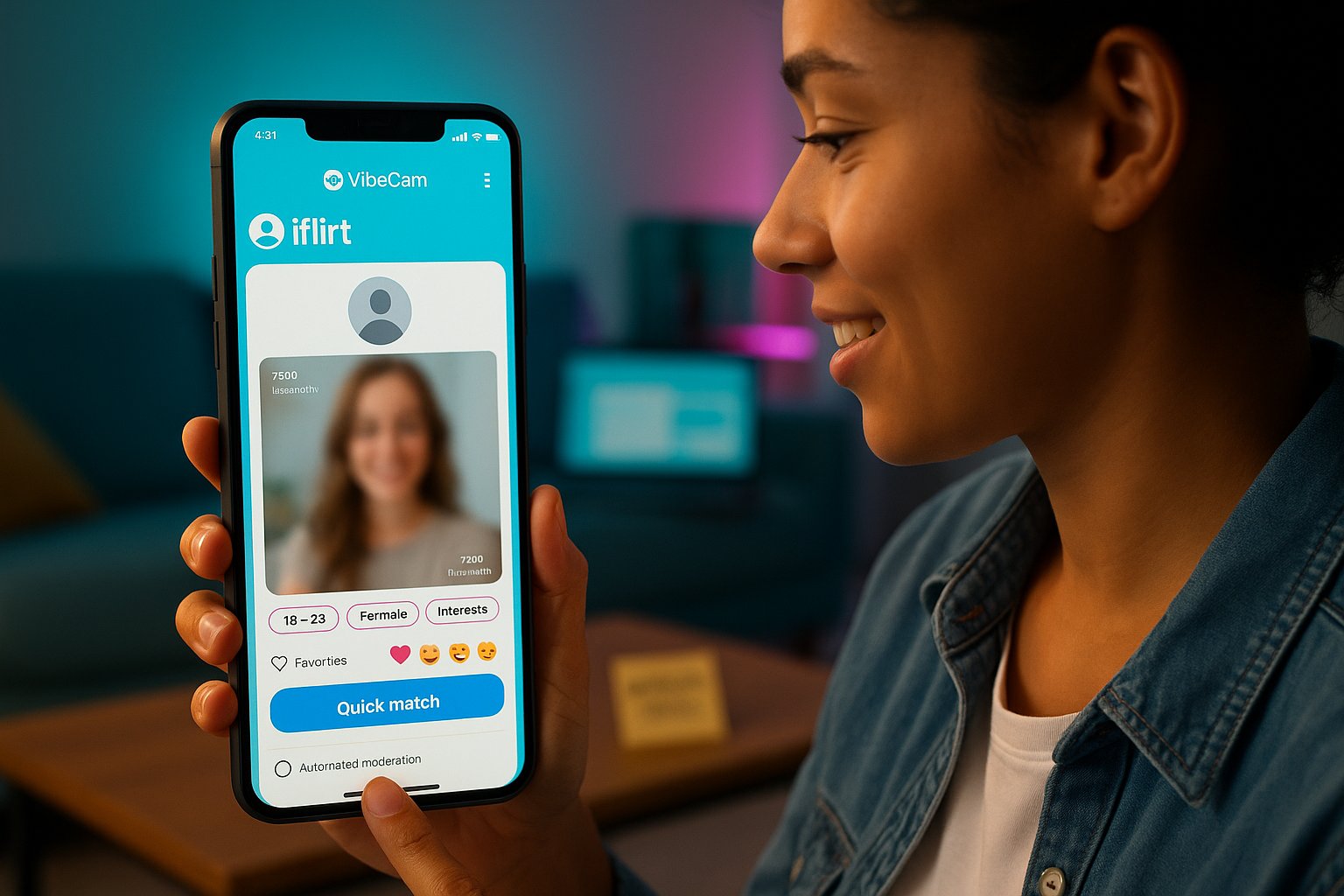 Person holding phone showing iflirt app inside VibeCam hub