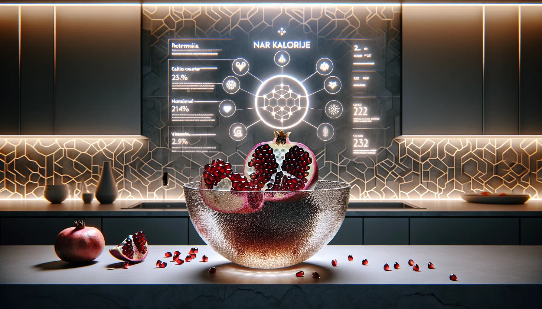 Pomegranate and nutrition facts in a modern kitchen setting.