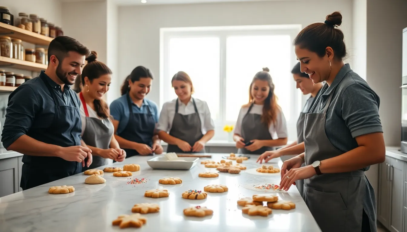 bakers creating cookies in a modern kitchen setting.