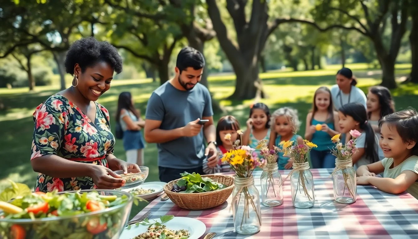A community picnic with diverse attendees enjoying homemade food and decorations.