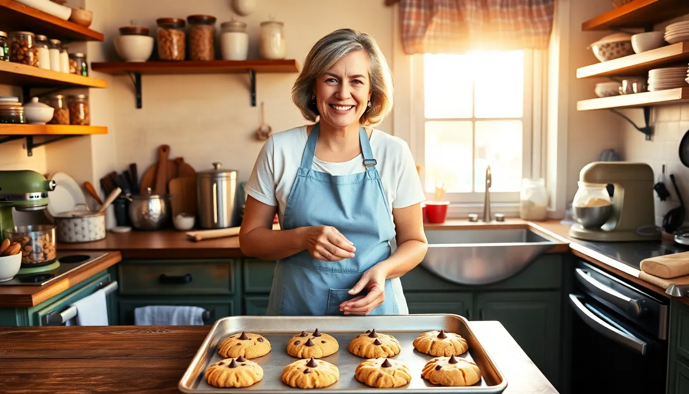 a baker creating cookies in a warm, inviting New York kitchen.