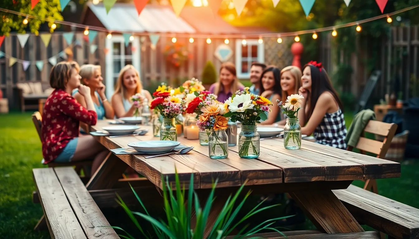 outdoor celebration with handmade decorations in a backyard.