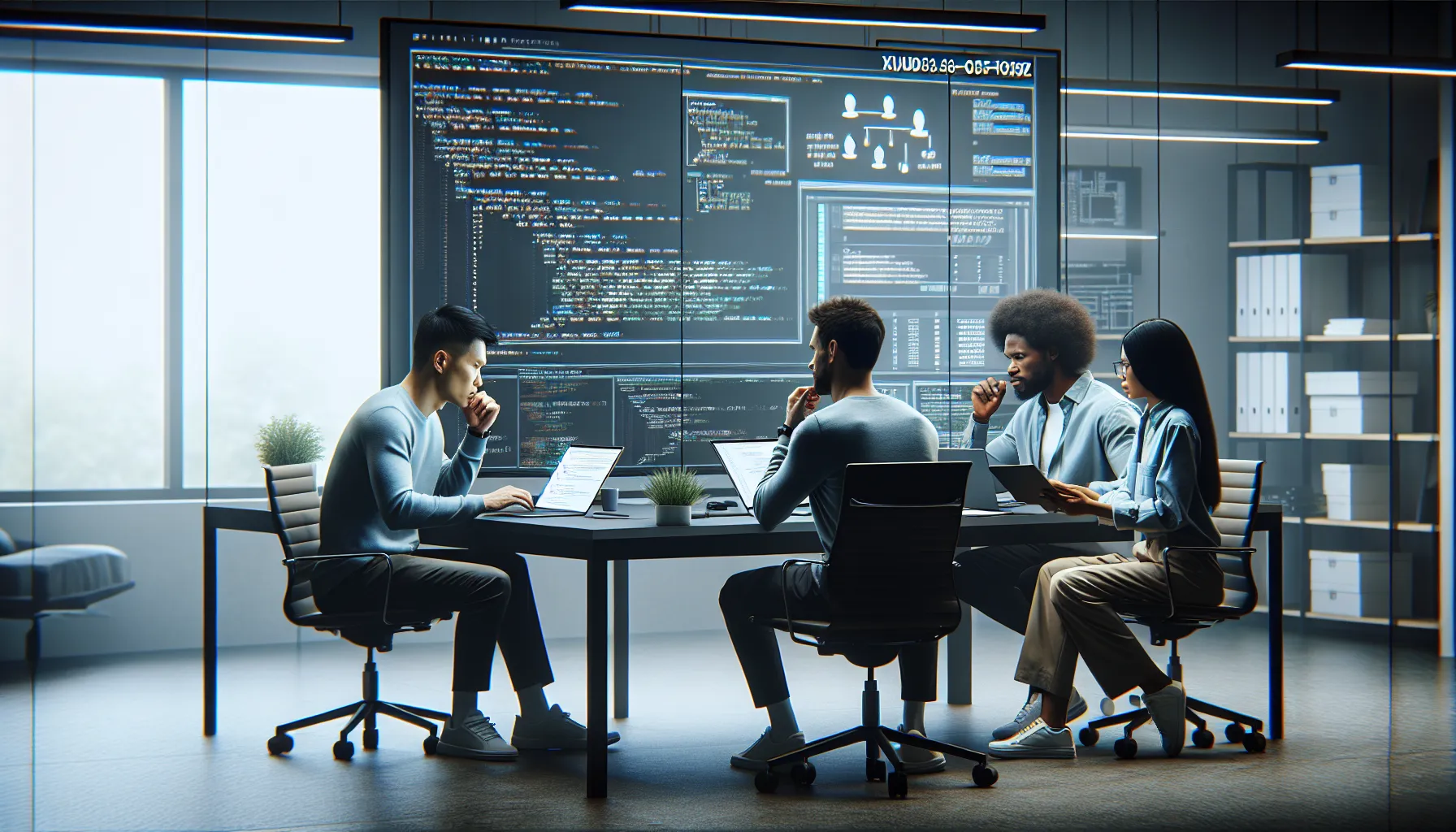 diverse developers collaborating on troubleshooting a Python error in an office.