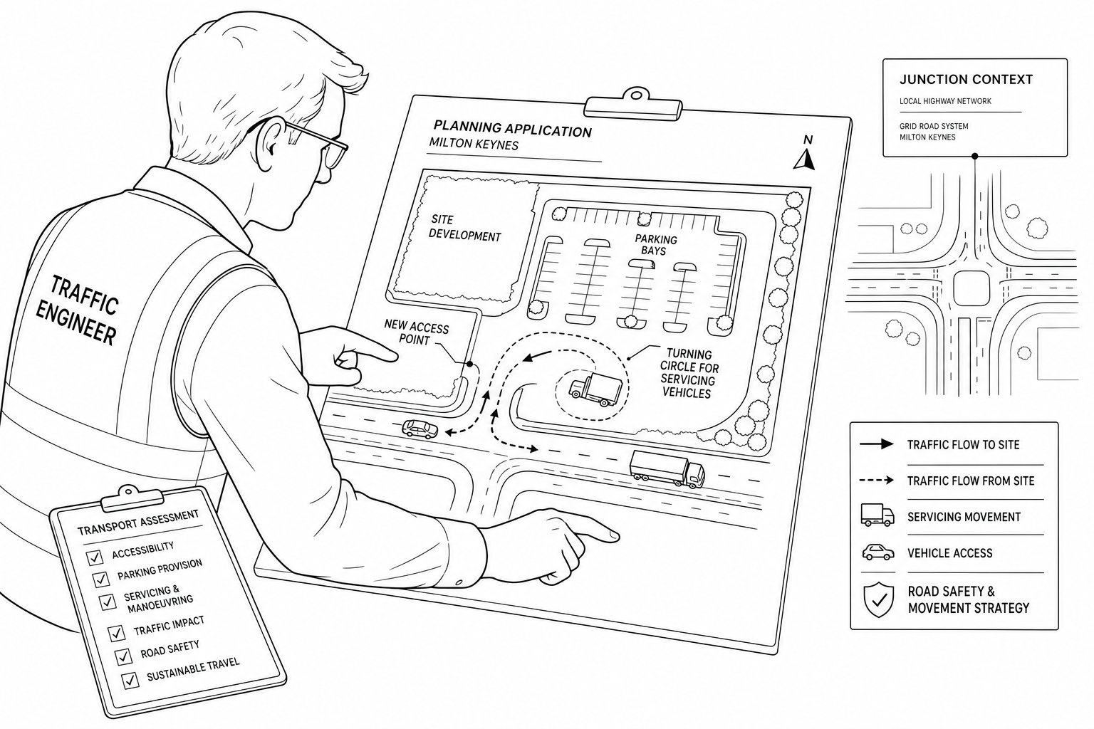 Traffic engineer reviewing a site plan with roads, parking, and access layout.