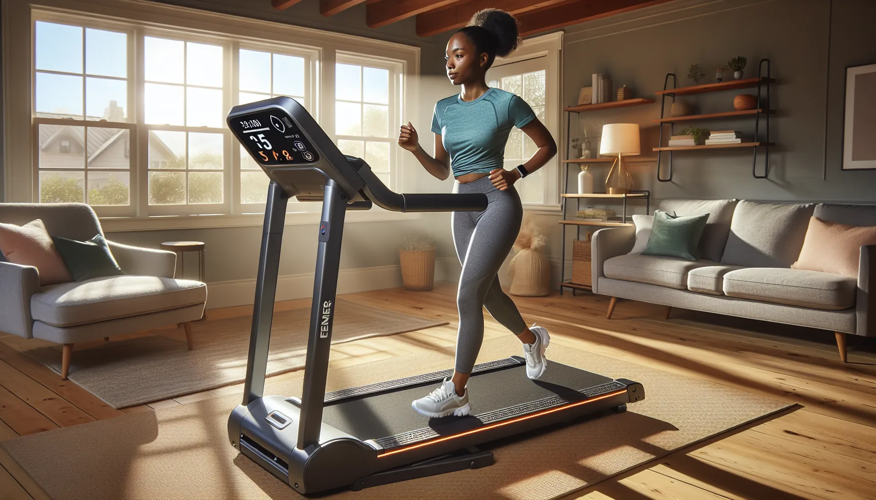 A beginner walking on a home treadmill with safety key and incline active.
