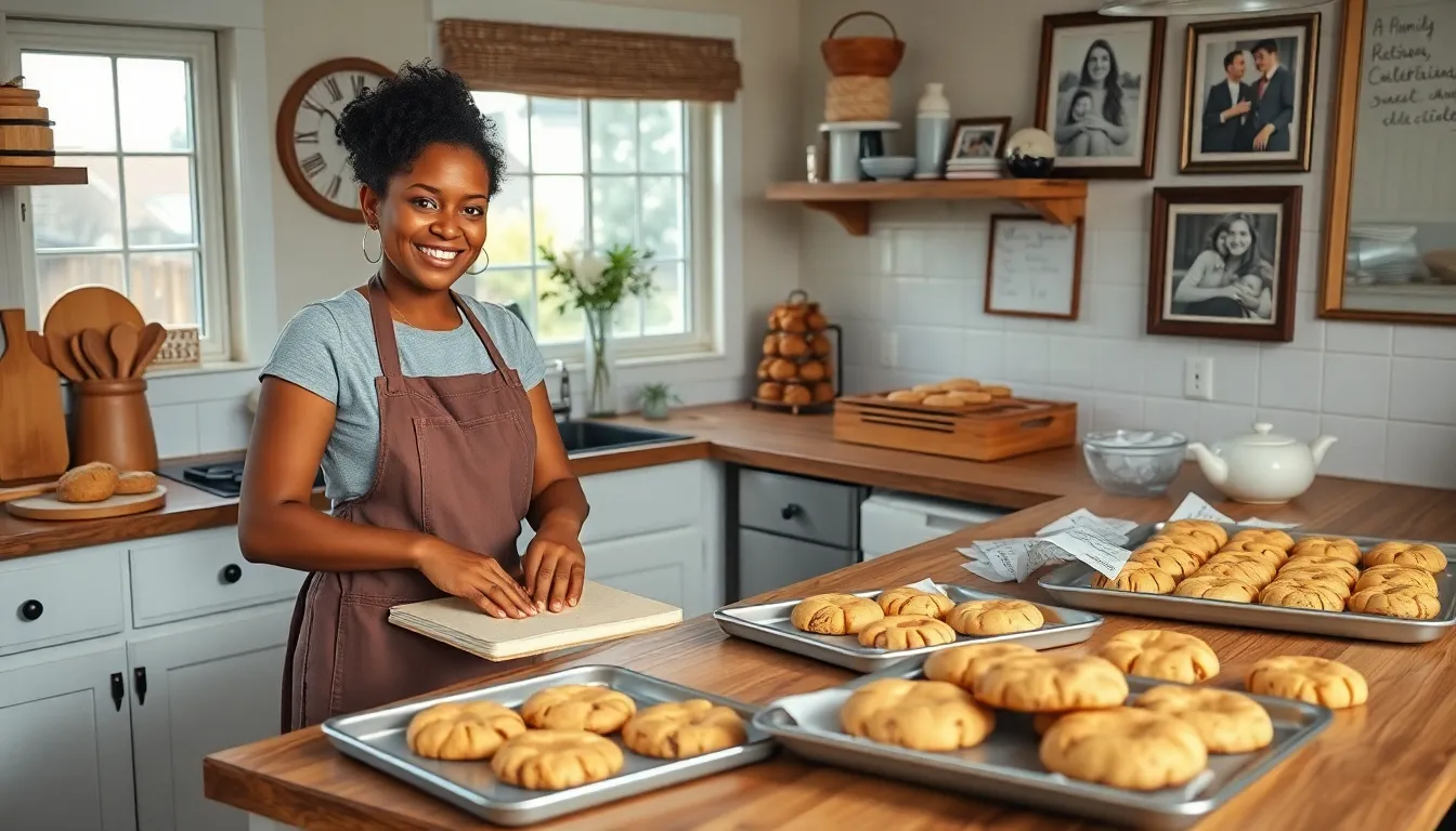 A baker creating cookies in a warm, inviting kitchen.