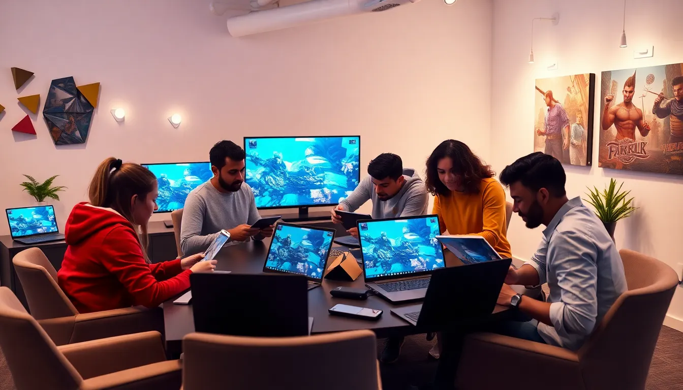 diverse gamers collaborating in a modern workspace with gaming guides.