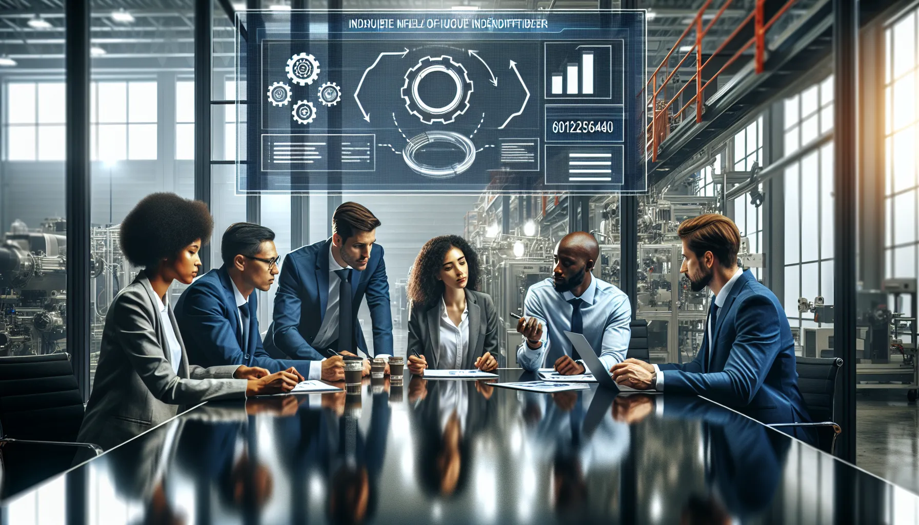 diverse team discussing product data in a modern manufacturing facility.