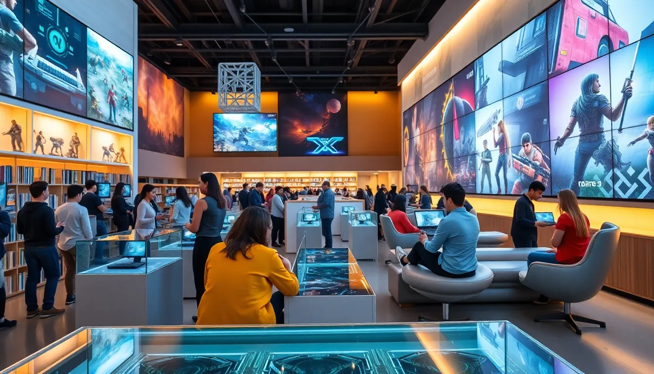 diverse group exploring a modern gaming library with interactive displays.
