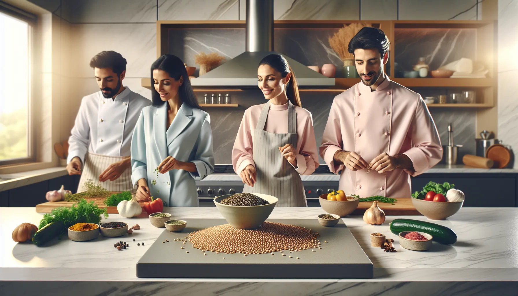 diverse chefs preparing nutritious meals with doumneh in a modern kitchen.